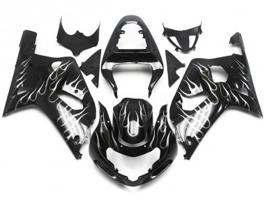 Black and White Gloss Flame 2001-2003 Suzuki GSXR 600-750 Motorcycle Fairings