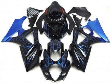 Custom Blue and Black Flame 2007-2008 Suzuki GSXR 1000 Motorcycle Fairings