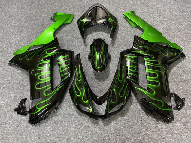 Gloss Black & Green Flame 2007-2008 Kawasaki ZX6R Motorcycle Fairings