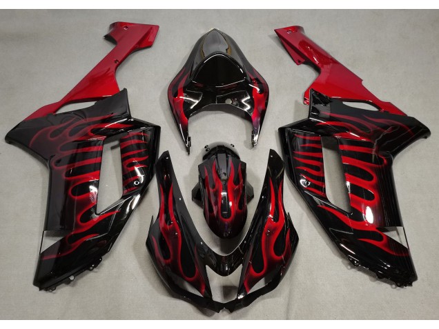 Gloss Black & Red Flame 2007-2008 Kawasaki ZX6R Motorcycle Fairings