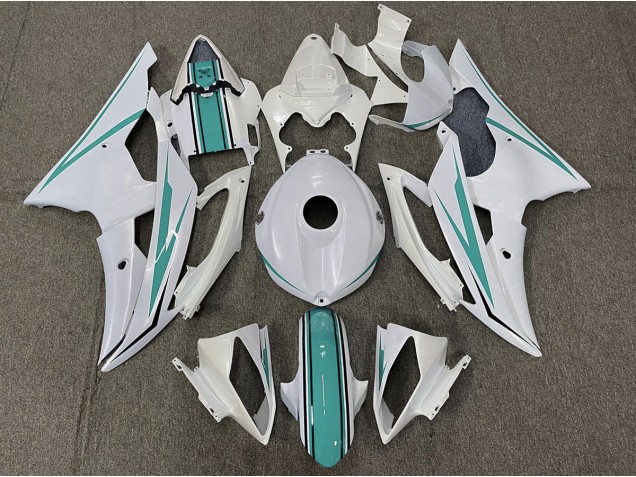 Gloss White and Teal 2008-2016 Yamaha R6 Motorcycle Fairings