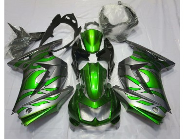 Green and Silver Flame 2008-2013 Kawasaki Ninja 250 Motorcycle Fairings