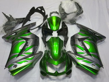 Green and Silver Flame 2008-2013 Kawasaki Ninja 250 Motorcycle Fairings