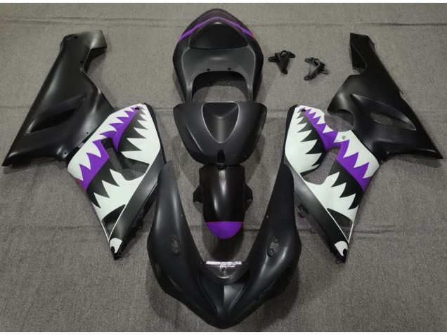 Matte Black and Purple Shark 2005-2006 Kawasaki ZX6R Motorcycle Fairings