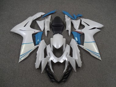 Pearl White and Light Blue 2011-2020 Suzuki GSXR 600-750 Motorcycle Fairings