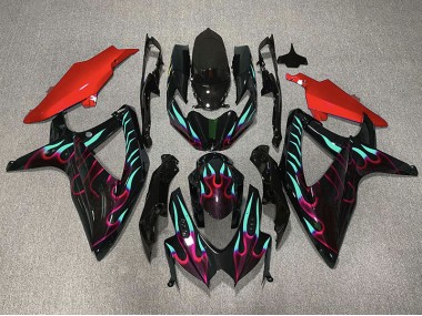 Red and Cyan Flame 2008-2010 Suzuki GSXR 600-750 Motorcycle Fairings